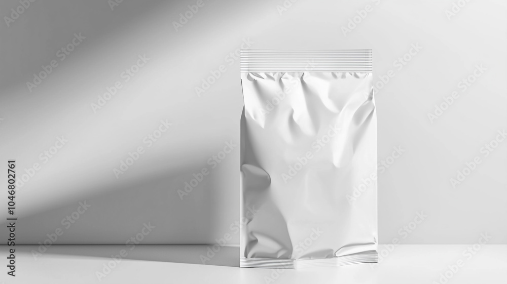 Minimalist silver packaging on a clean surface with soft shadows in natural light Minimalist silver packaging on a clean surface with soft shadows in natural light