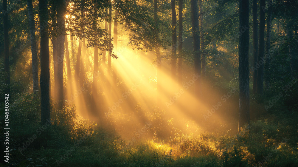 Fototapeta premium Enchanting forest sunrise with golden sunbeams penetrating through lush green trees