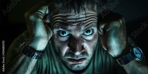 Intense facial study of a man in low light expressing frustration and stress