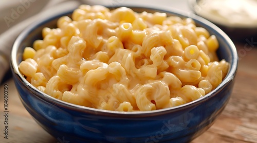 Creamy and delicious macaroni and cheese in a blue bowl. The perfect comfort food for any occasion.