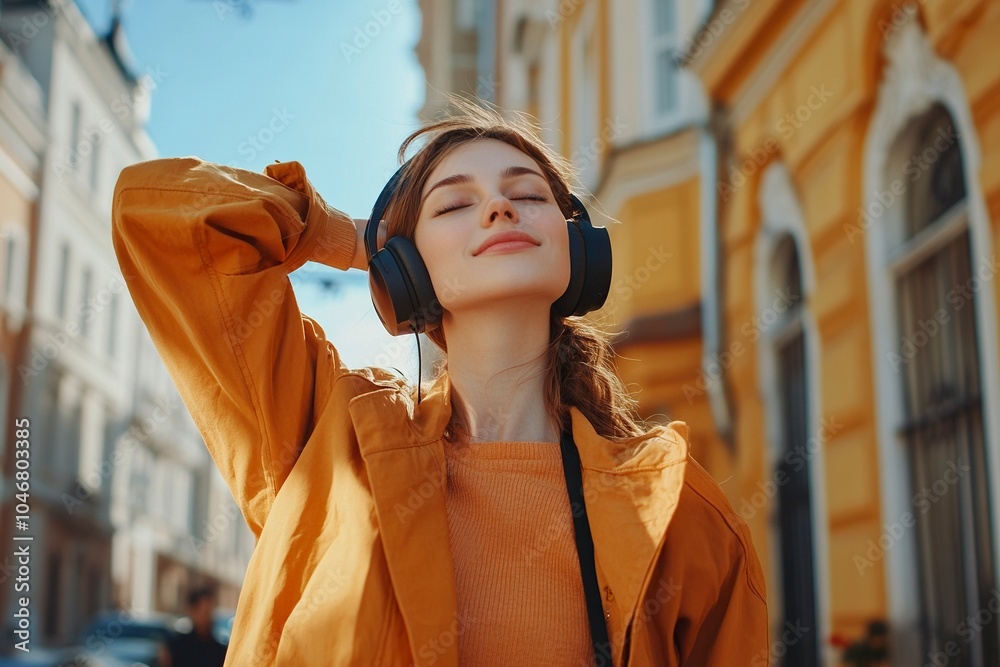 Obraz premium Happy relaxed woman in wireless headphones choosing, listening favorite music in urban city sunny street. Travel, tourism, technology, blogging concept. generative ai