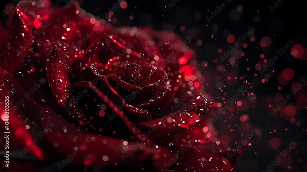 Red rose with water drops on the petals. The rose is set against a dark background with red bokeh lights. Red rose with water drops on the petals. The rose is set against a dark background with red bokeh lights.