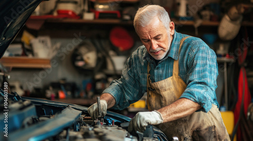 Skilled mechanic repairing car in garage workshop with tools and equipment