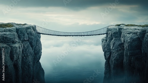 Suspension bridge spanning two high cliffs over foggy chasm