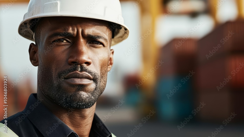 Close-up of a determined longshoreman in a hard hat, serious expression, cargo containers blurred in the background, representing labor strike intensity Close-up of a determined longshoreman in a hard hat, serious expression, cargo containers blurred in the background, representing labor strike intensity