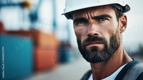 Close-up of a determined longshoreman in a hard hat, serious expression, cargo containers blurred in the background, representing labor strike intensity