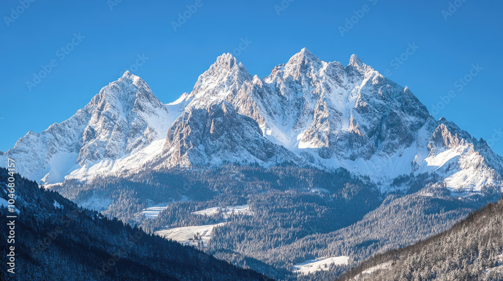Obraz premium Majestic snow-covered mountains under clear blue sky in serene winter landscape