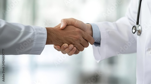 Healthcare professional greeting patient with handshake, white coat and stethoscope visible, conveying trust and support in a medical environment