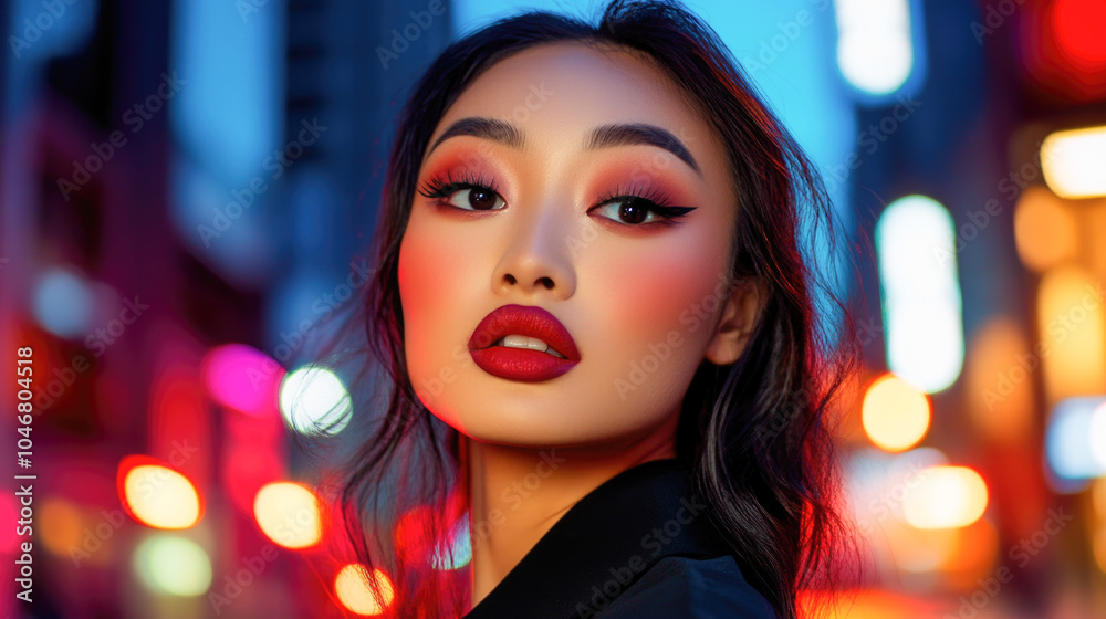 Vibrant evening portrait of stylish person with bold makeup in urban cityscape Vibrant evening portrait of stylish person with bold makeup in urban cityscape