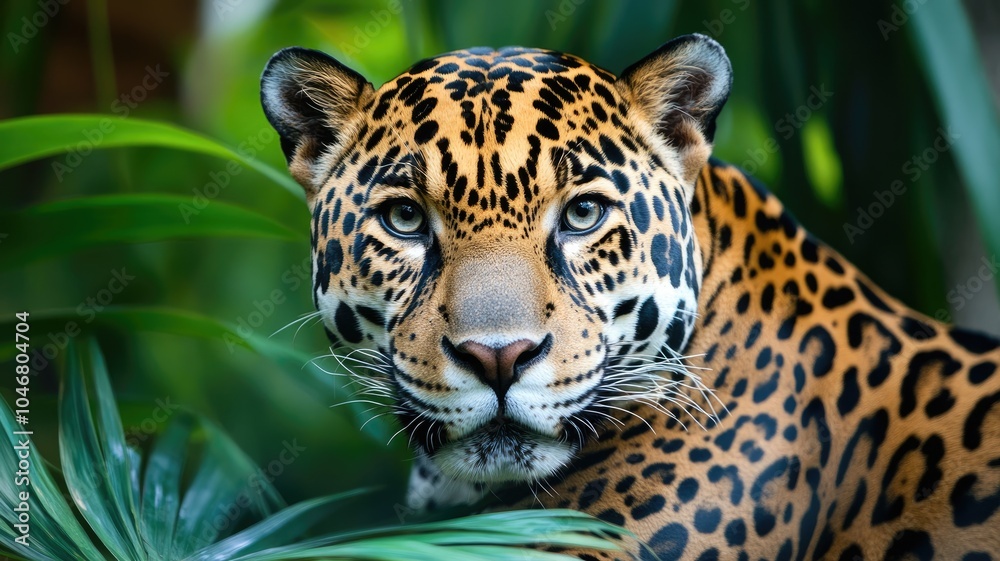Close-up of jaguar in lush jungle setting with green foliage Close-up of jaguar in lush jungle setting with green foliage