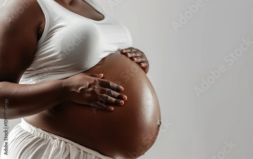 Obese black pregnant woman in white underwear holding hands on her big belly, touching tummy. Third trimester pregnancy banner closeup, AI generated photo