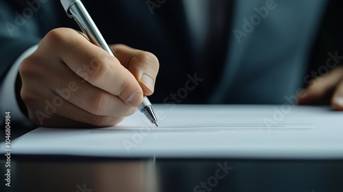 Anonymous professional signing document on digital device, focus on hand and pen, dark office environment highlighting confidentiality and business precision