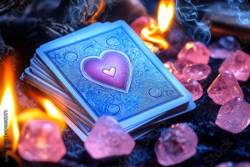 Magical tarot cards with heart symbol pink crystals firelight