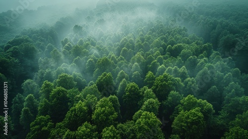 Misty morning blankets a serene forest landscape, revealing lush treetops in a tranquil embrace of nature. Generative AI