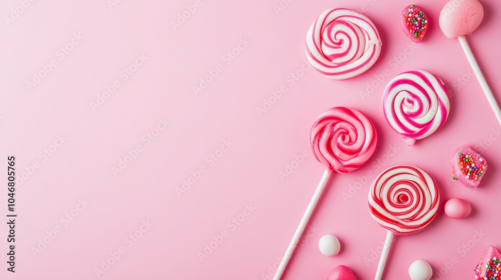 Photo of, Pink background with swirling lollipops and candies for design, banner template
