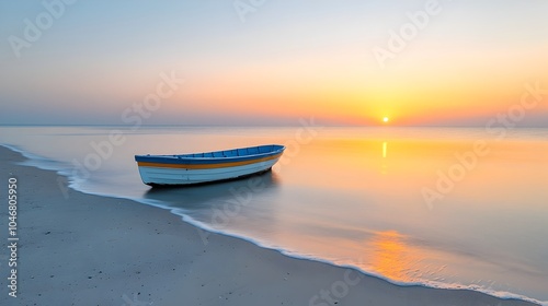 Peaceful beach during sunset soft waves reflecting the fading light a small boat resting quietly on the calm sea glowing sky in the background photo