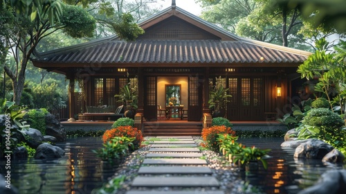 A serene retreat featuring a traditional wooden house surrounded by lush greenery and tranquil waters. Generative AI