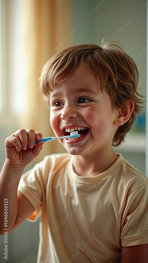 Child happily learns how to use a toothbrush, oral health, hygiene and disease prevention Child happily learns how to use a toothbrush, oral health, hygiene and disease prevention