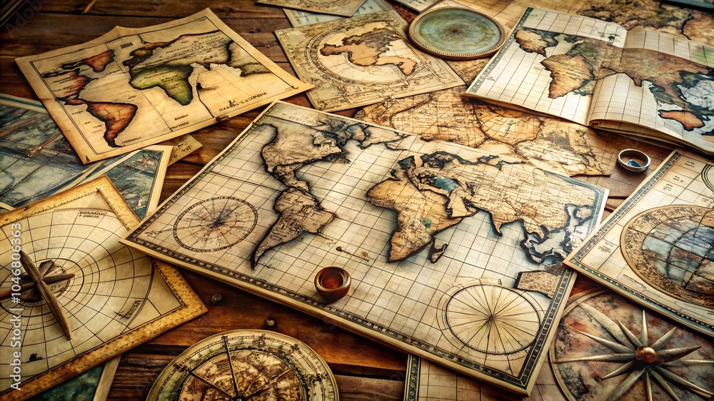 Naklejka premium Antique nautical charts on a table