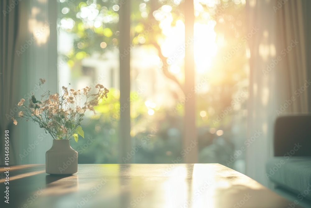 A vase of white flowers sits on a wooden table in front of a window with a bright sun shining through the blinds. A vase of white flowers sits on a wooden table in front of a window with a bright sun shining through the blinds.