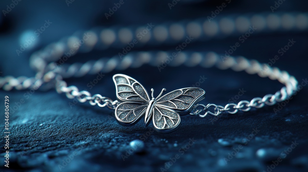 Delicate silver bracelet with a charm shaped like a butterfly, 4K hyperrealistic photo Delicate silver bracelet with a charm shaped like a butterfly, 4K hyperrealistic photo