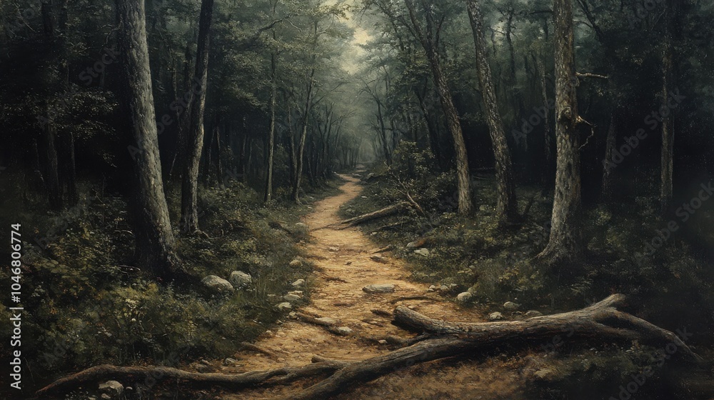 Obraz premium Forest trail with fallen branches