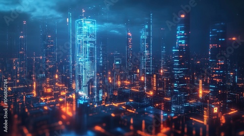 A futuristic cityscape with holographic cryptocurrency