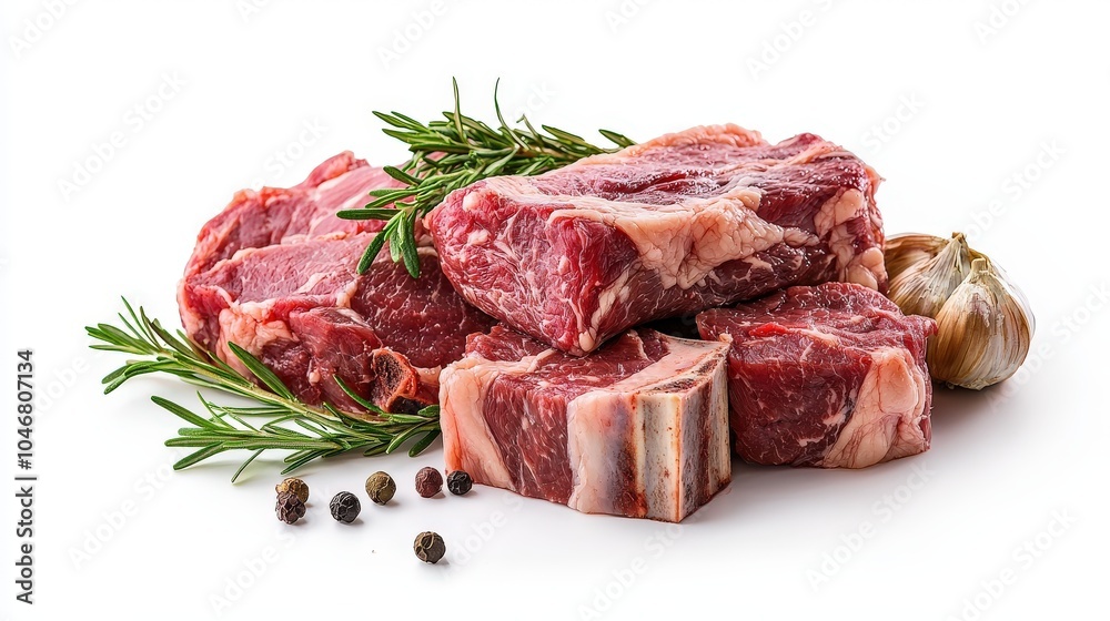 A close-up composition featuring raw pork loin and beef ribs, highlighting the rich textures and color variations on a plain white background. A close-up composition featuring raw pork loin and beef ribs, highlighting the rich textures and color variations on a plain white background.