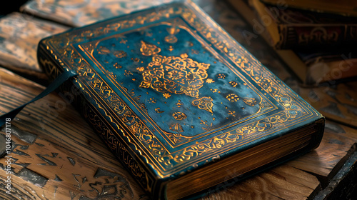 An ancient book with a blue cover and gold trim sits on a wooden table. The book is open and there is a bookmark in it. photo