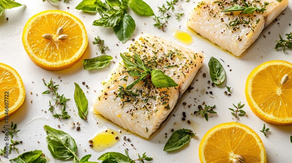 A close-up of fresh fish fillets drizzled with lemon juice, surrounded by green herbs and citrus slices on a white background, emphasizing freshness and flavor. A close-up of fresh fish fillets drizzled with lemon juice, surrounded by green herbs and citrus slices on a white background, emphasizing freshness and flavor.