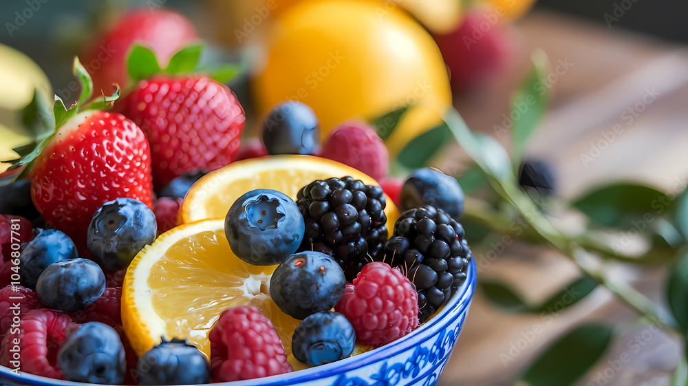 Bowl of vibrant mixed berries and orange slices, showcasing fresh strawberries, blueberries, blackberries, and raspberries. Bowl of vibrant mixed berries and orange slices, showcasing fresh strawberries, blueberries, blackberries, and raspberries.