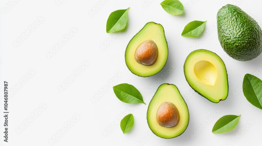 A close-up of ripe avocados, cut in half to reveal their green flesh, beautifully displayed on a white background, highlighting their smooth texture. A close-up of ripe avocados, cut in half to reveal their green flesh, beautifully displayed on a white background, highlighting their smooth texture.