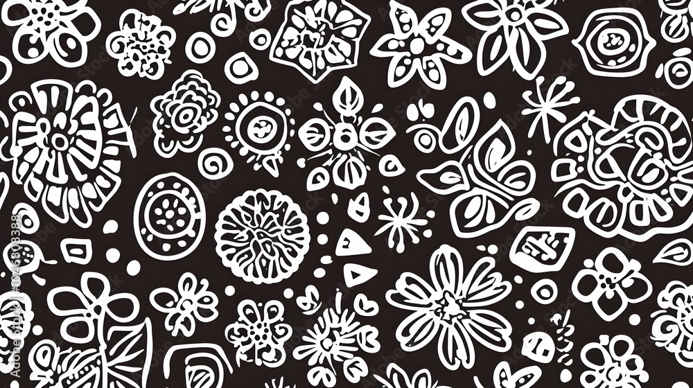 A pattern of white floral doodles on a black background, ideal for textile or graphic design. Black and white background images - A pattern of white floral doodles on a black background, ideal for textile or graphic design. Black and white background images -