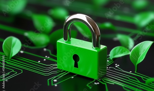Green padlock with small green leaves growing from a circuit board, symbolizing eco-friendly technology