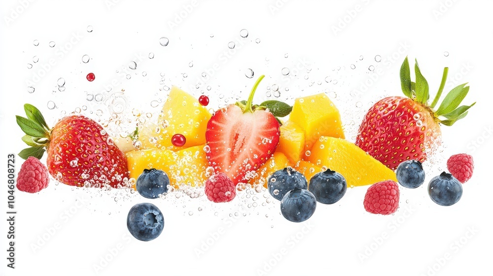 A colorful fresh fruit salad with strawberries, blueberries, and mango, neatly displayed on a white background to emphasize its vibrancy and freshness. A colorful fresh fruit salad with strawberries, blueberries, and mango, neatly displayed on a white background to emphasize its vibrancy and freshness.
