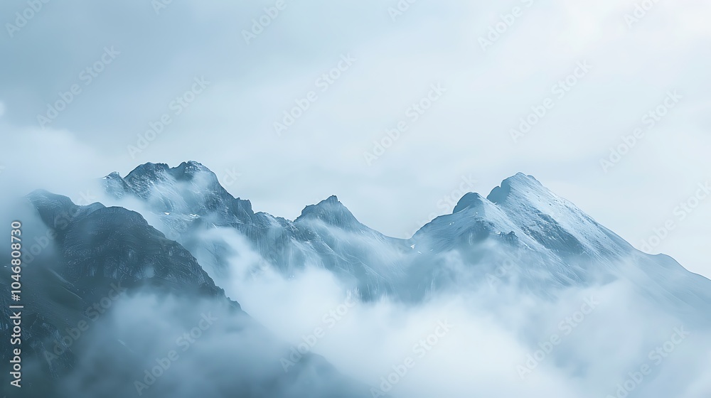 Obraz premium The snow-capped mountains rise above the clouds, creating a stunning scene. The peaks are shrouded in mist, adding to the sense of mystery and wonder.