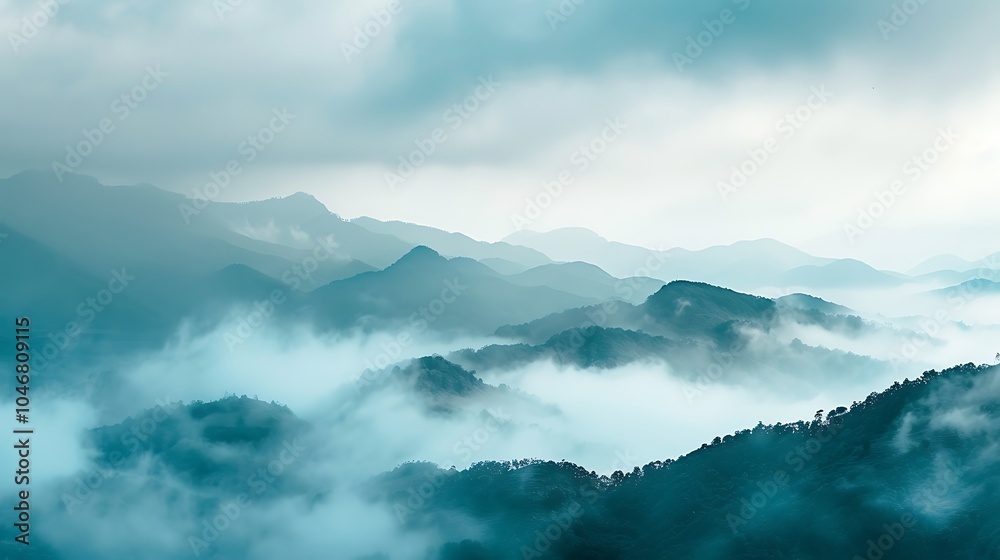 This is a beautiful landscape image of a mountain range in the distance with a heavy fog in the foreground. The image is very serene and peaceful. This is a beautiful landscape image of a mountain range in the distance with a heavy fog in the foreground. The image is very serene and peaceful.