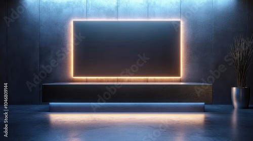 Design a podium mockup with a brushed aluminum frame and LED display panel.