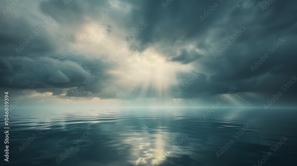 Obraz premium Moody seascape with stormy clouds and sunlight reflecting off the water.