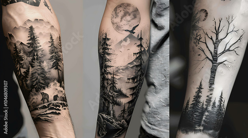 A black and white tattoo of a forest with a bear, a mountain, and a moon. The tattoo is done in a realistic style and is very detailed.