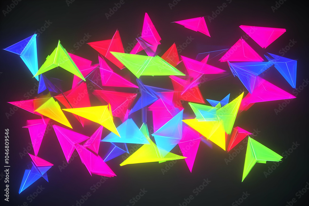 A vibrant arrangement of neon-colored geometric shapes creating a dynamic visual effect. Black and white background images - A vibrant arrangement of neon-colored geometric shapes creating a dynamic visual effect. Black and white background images -