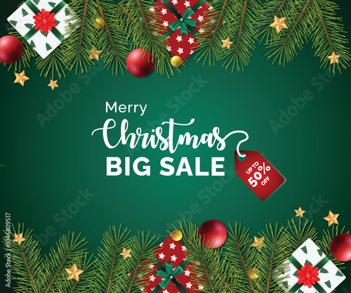 Merry christmas sale banner ad design with christmas tree, christmas branches, christmas card design vector illustration