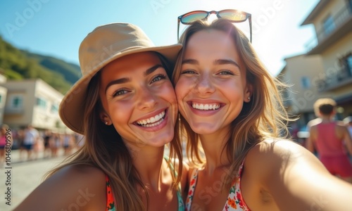 Women in summer attire are enjoying each other's company in a scenic outdoor setting, capturing a moment of joy and friendship through a delightful selfie together.