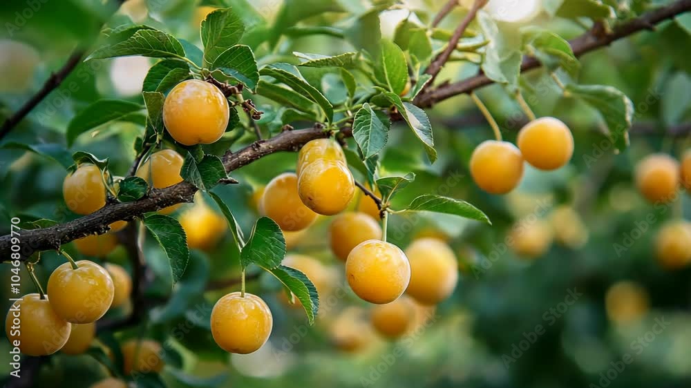 Ripe yellow plums hang from a tree branch on a sunny day Ripe yellow plums hang from a tree branch on a sunny day
