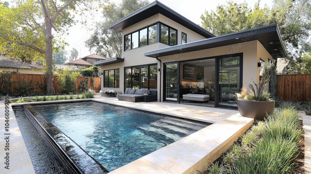 custom made wallpaper toronto digitalA contemporary backyard with a sleek pool, low-maintenance shrubs, and modern planters, designed for effortless style and function.