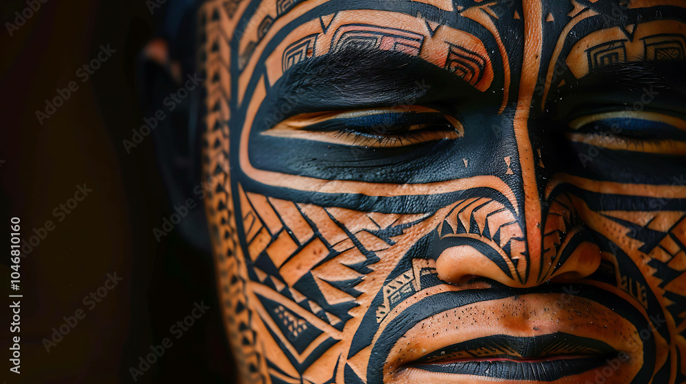 A close up of a man's face with a traditional Polynesian tattoo. The tattoo is intricate and covers his entire face. A close up of a man's face with a traditional Polynesian tattoo. The tattoo is intricate and covers his entire face.