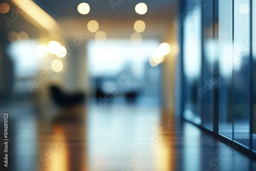 Blurred view of a modern office hallway with glass walls and wooden floor.