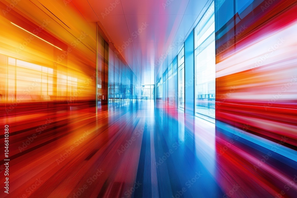 Abstract image of a modern office hallway with colorful light streaks and reflections, suggesting movement and speed. Abstract image of a modern office hallway with colorful light streaks and reflections, suggesting movement and speed.