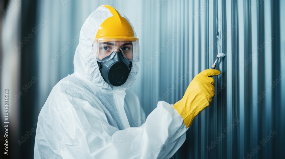 Painter in Protective Suit Working on Metal Structure Painter in Protective Suit Working on Metal Structure