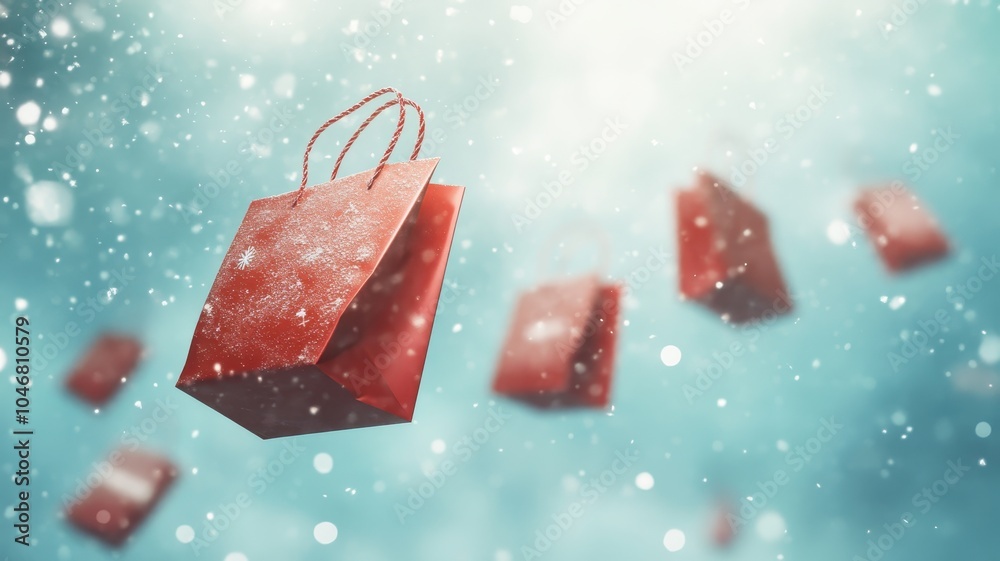 Fototapeta premium Colorful shopping bags falling on blue sky,Christmas winter landscape with snowflakes,black friday concept,sale or Discount banner,Template for promotion,advertising,web,social,ads,space for text.